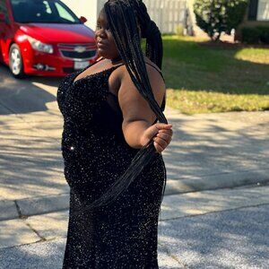 Black Sequin Prom Dress w/ Train | Open Back Floor-Length Gown | Plus Size 18 |